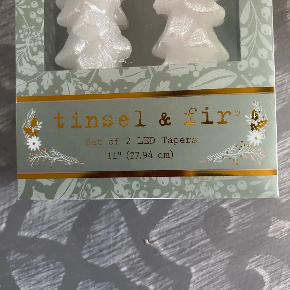 NEW Tinsel and Fir white shimmery flameless‎ taper candle set Christmas tree